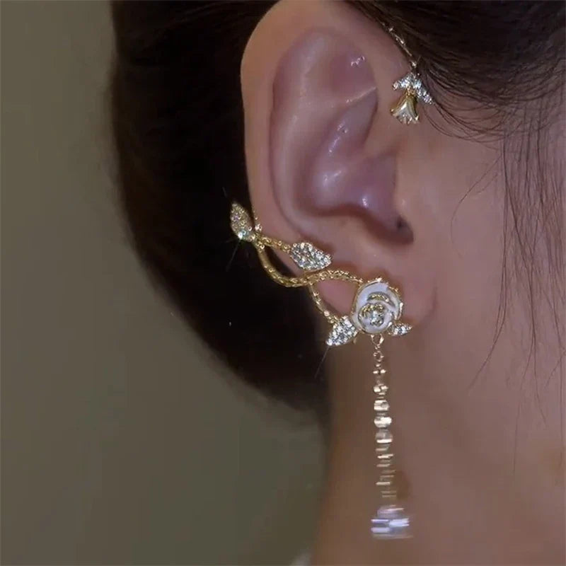 Fashion Sparkling Long Tassel Crystal Stars Ear Clip