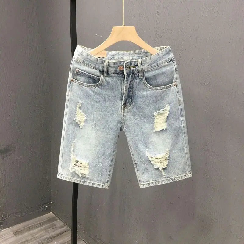 Men's Ripped Denim Shorts Fashionable Summer Slim Shorts