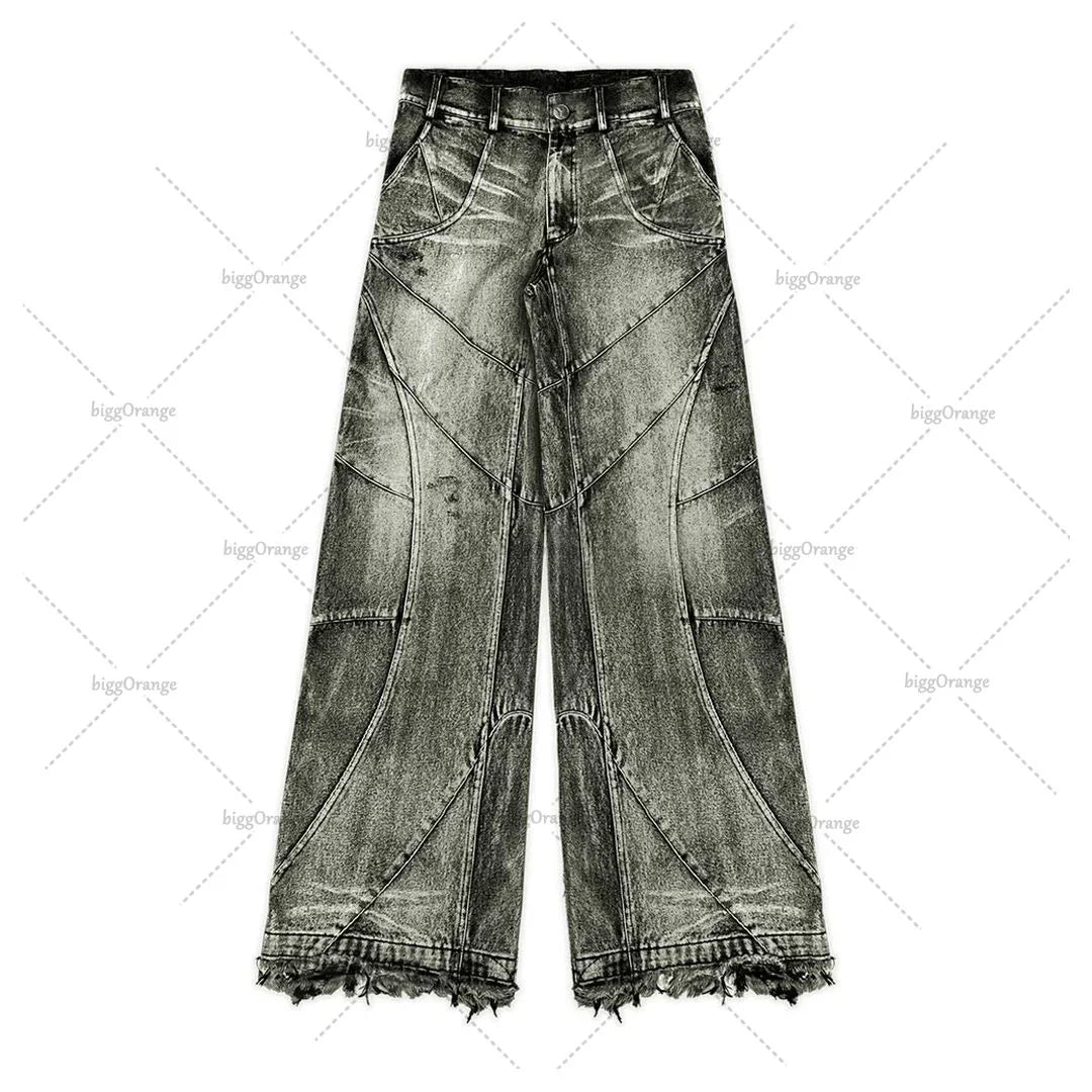 Y2K Tassel Jeans Men's Black Gray Washed Jeans