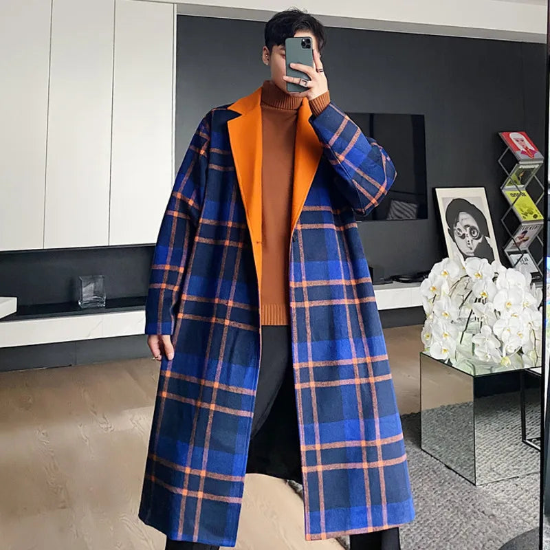 IEFB Casual Loose Men's Woolen Coat Plaid Lapel