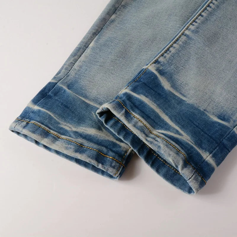 Men Cracked Leather Pleated Patch Biker Jeans Streetwear