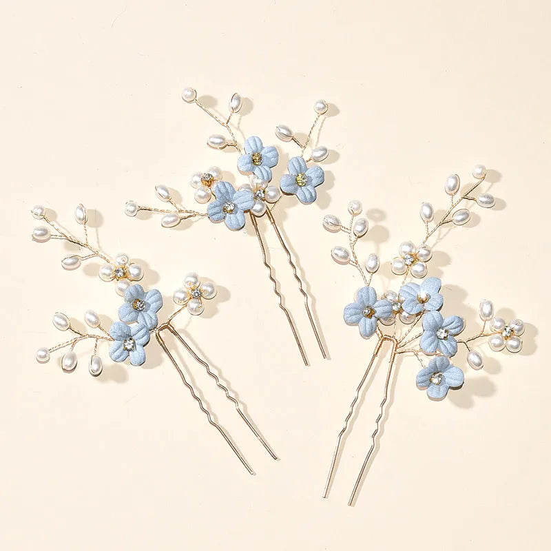 3pcs White Flower U Shaped Hairpin Pearl Elegant