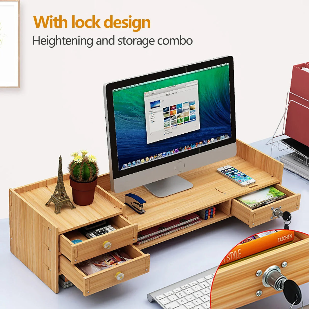 Wooden Desk Organizer with Drawers Office Supplies Computer