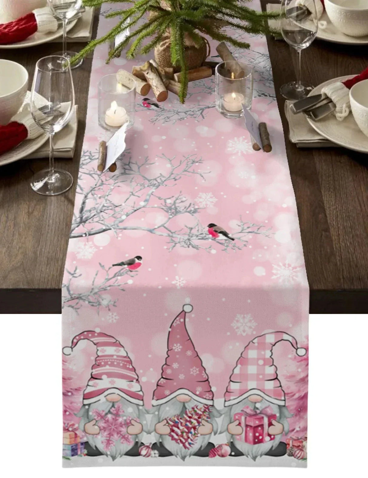 Christmas Gnome Snow Scenery Linen Table Runners Dresser