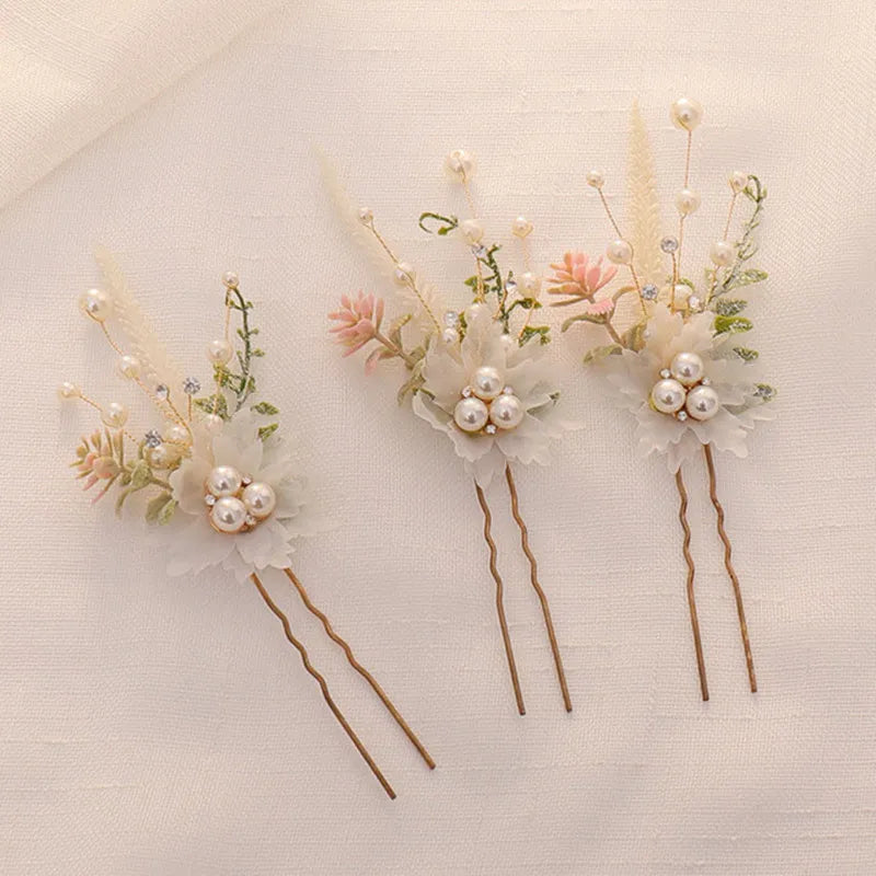 3pcs White Flower U Shaped Hairpin Pearl Elegant