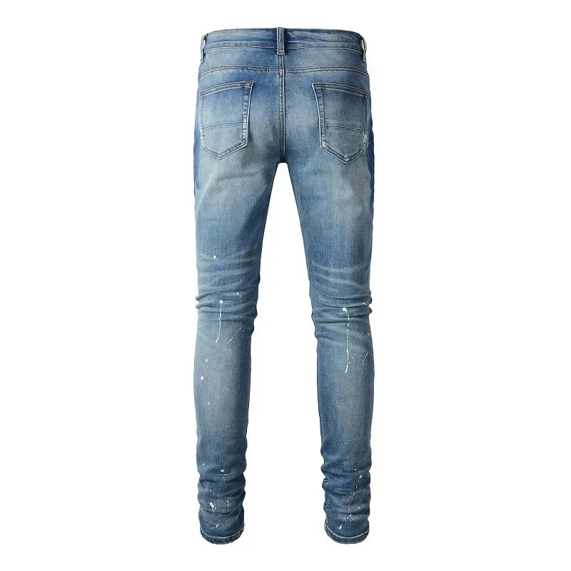 Men Crystal Stretch Denim Jeans Streetwear Painted Patch