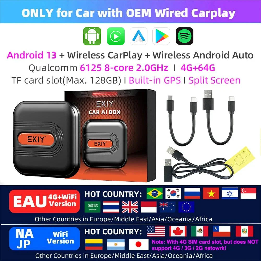 EKIY CarPlay Tv Box Android 13 4GB 64GB