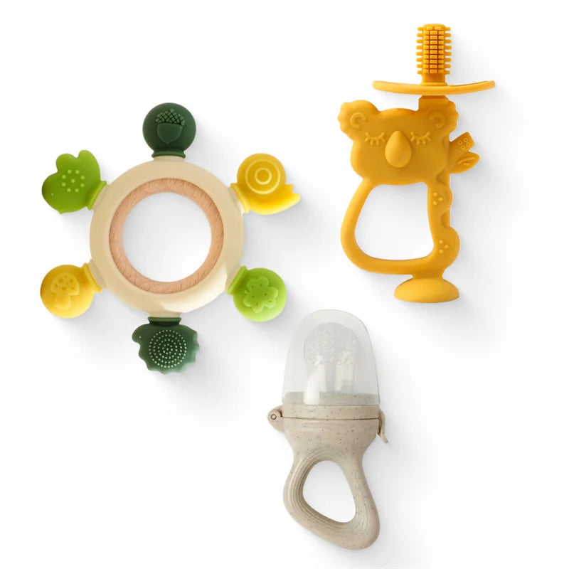 1Set Baby Silicone Koala Training Toothbrush Wooden Ring