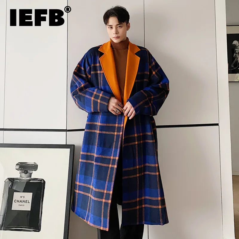 IEFB Casual Loose Men's Woolen Coat Plaid Lapel