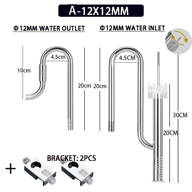 Aquarium 12/16mm stainless steel lily tube, inlet and