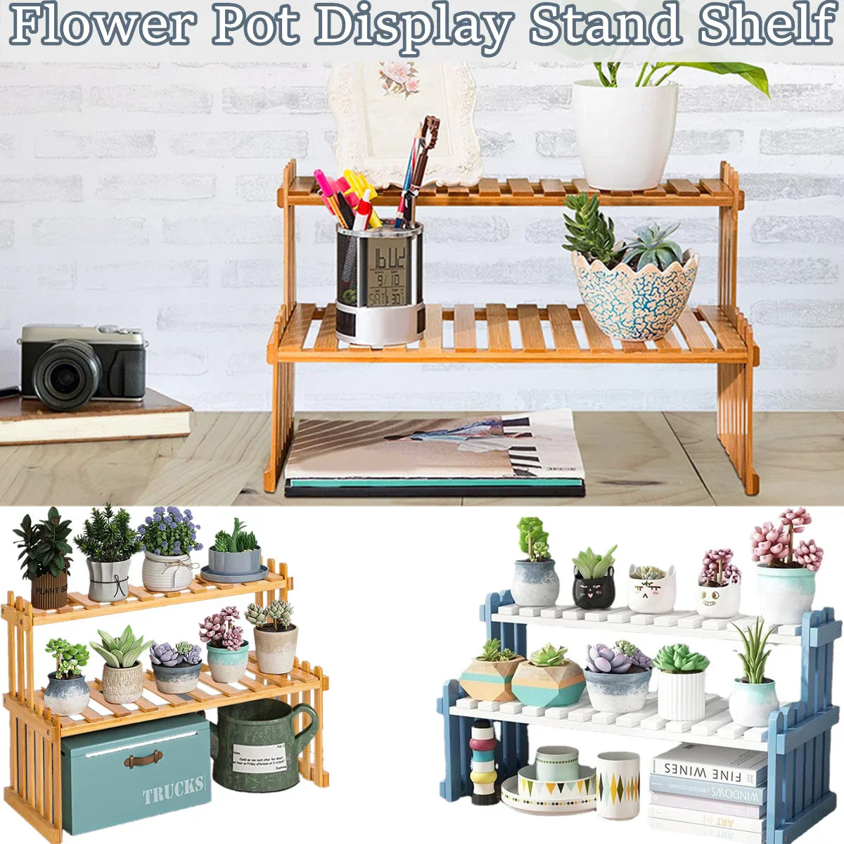 Natural Bamboo Indoor Plant Stand for Desk,Adjustable Desktop