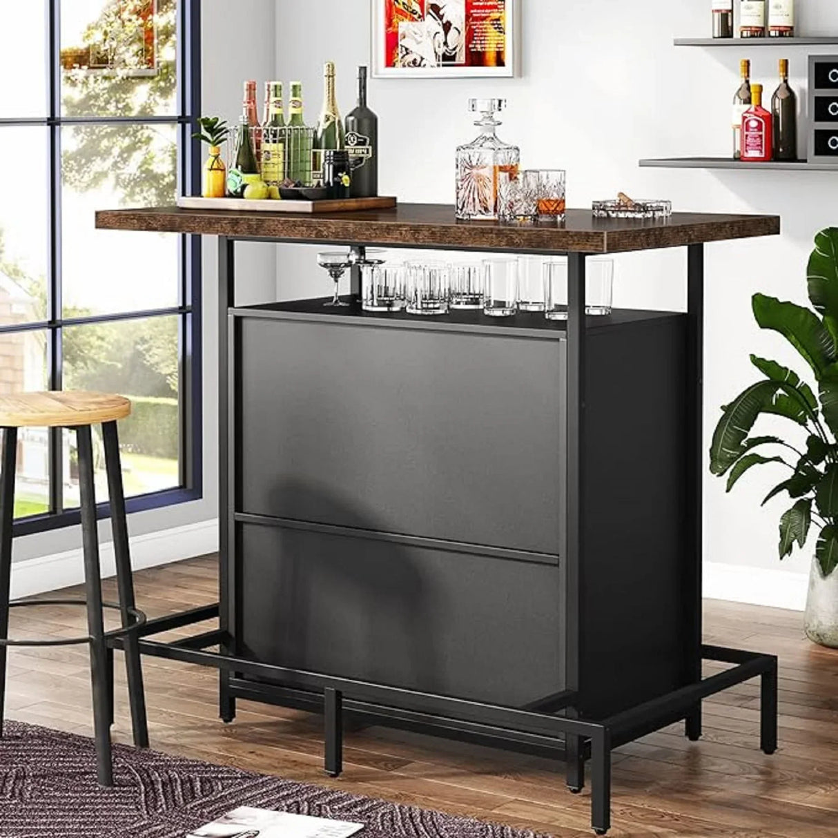 Tribesigns Home Bar Unit Cabinet with Footrest, Industrial