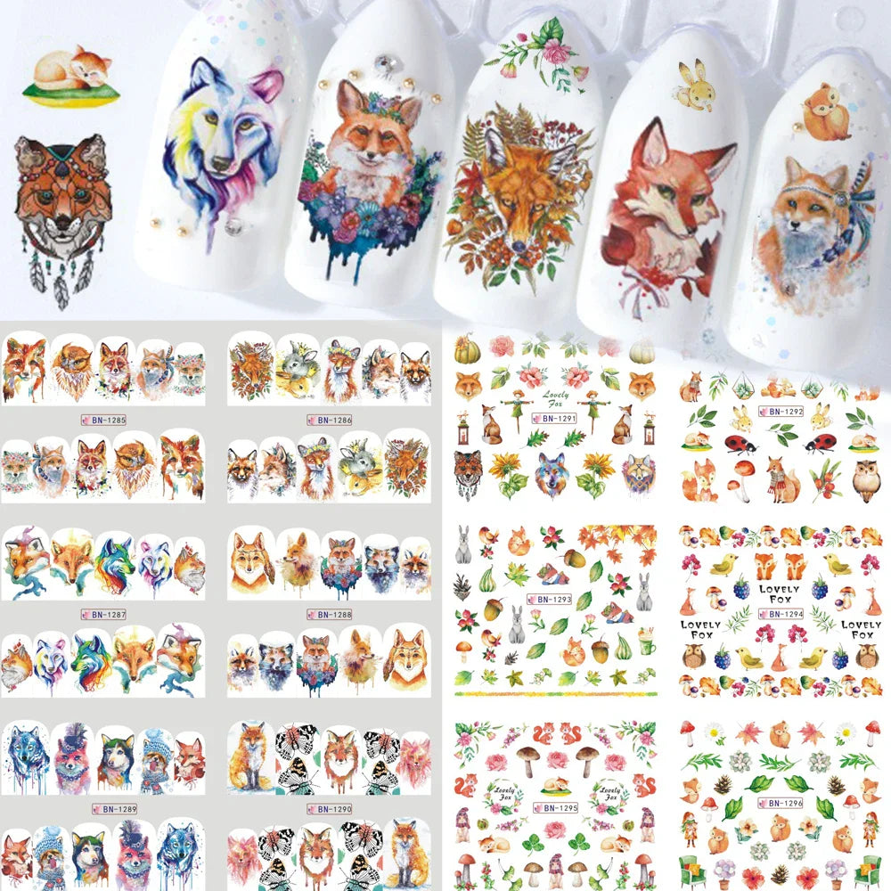 12pcs Hedgehog Animal Nail Water Stickers Pine Cones