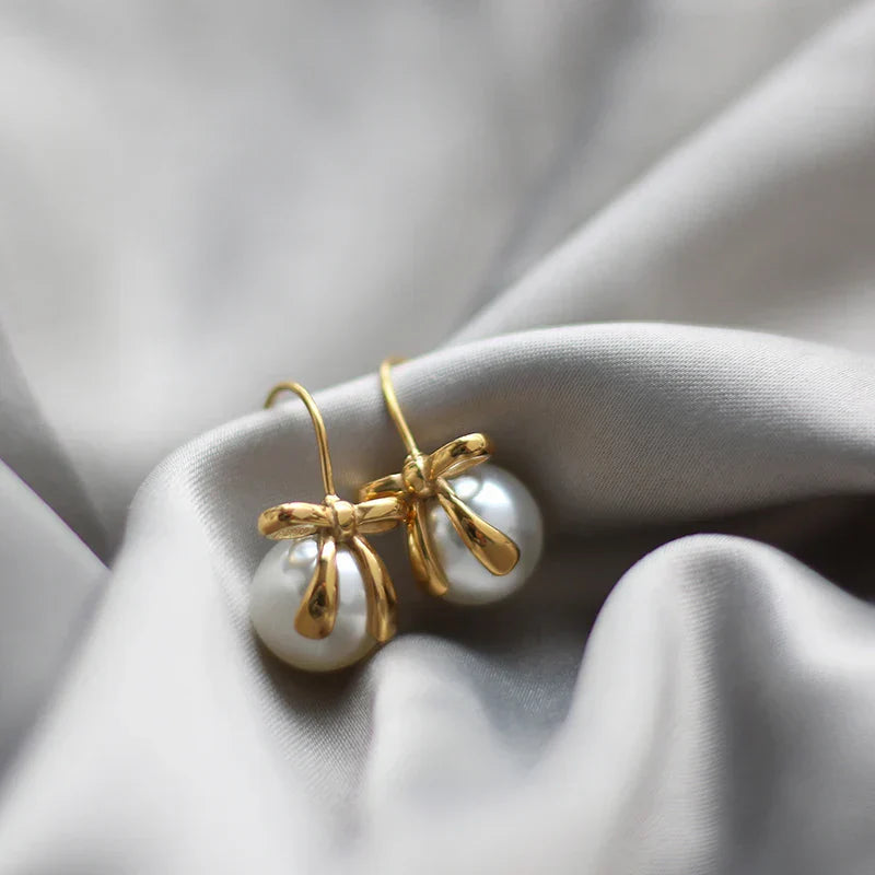 French Temperament Bow Ribbon Imitation Pearl Earrings for