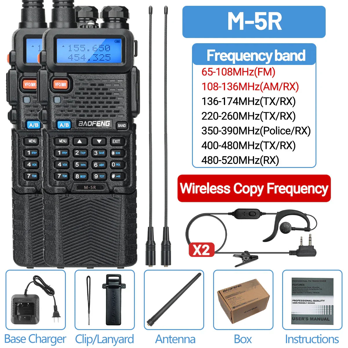 1/2PCS Baofeng M-5R Walkie Talkie Air Band 3800mAh