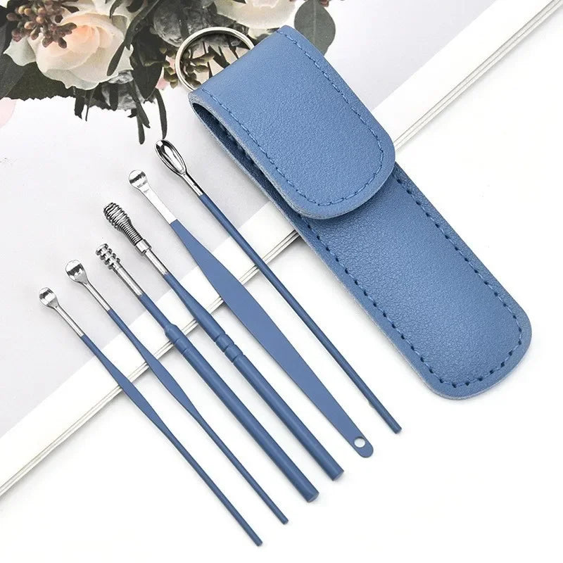 Stainless Steel Earpick Storage Leather Cover 6 Piece