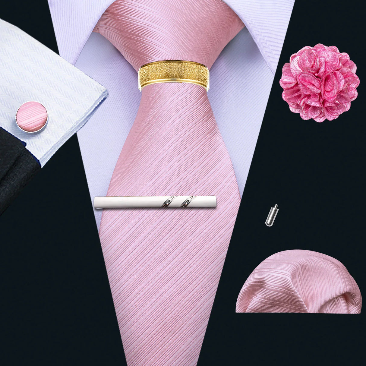 Barry.Wang Silk Mens Tie Hanky Cufflinks Clip Brooch