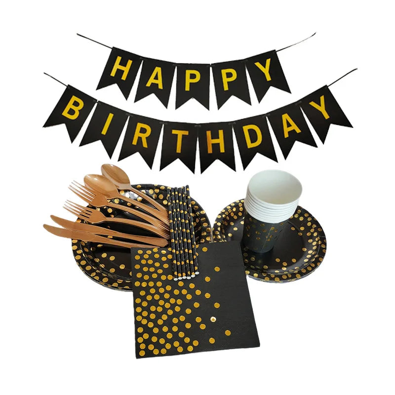 Stamping black polka dots disposable birthday party tableware