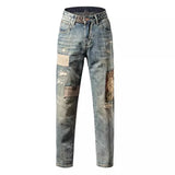 ReddaChic 90s Retro Ripped Patchwork Straight Jeans Men