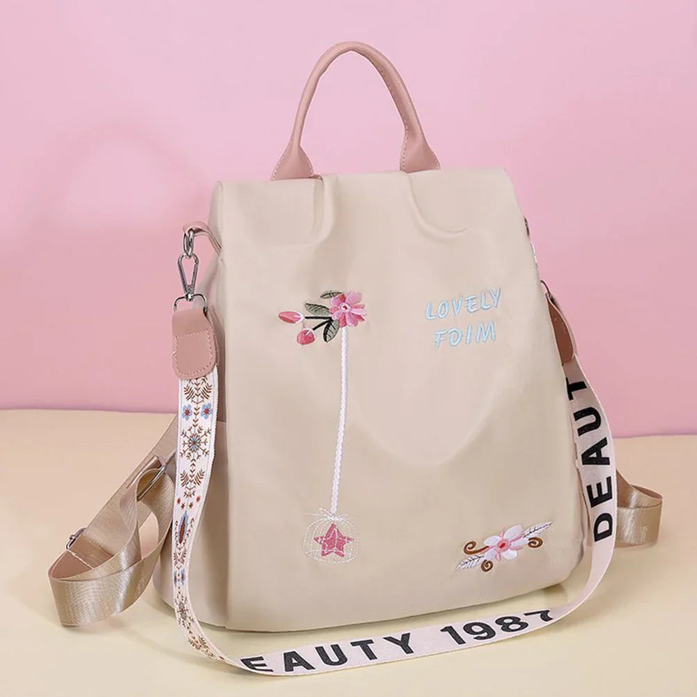 Oxford Backpack Flower Embroidery Women Travel Antitheft Rucksack