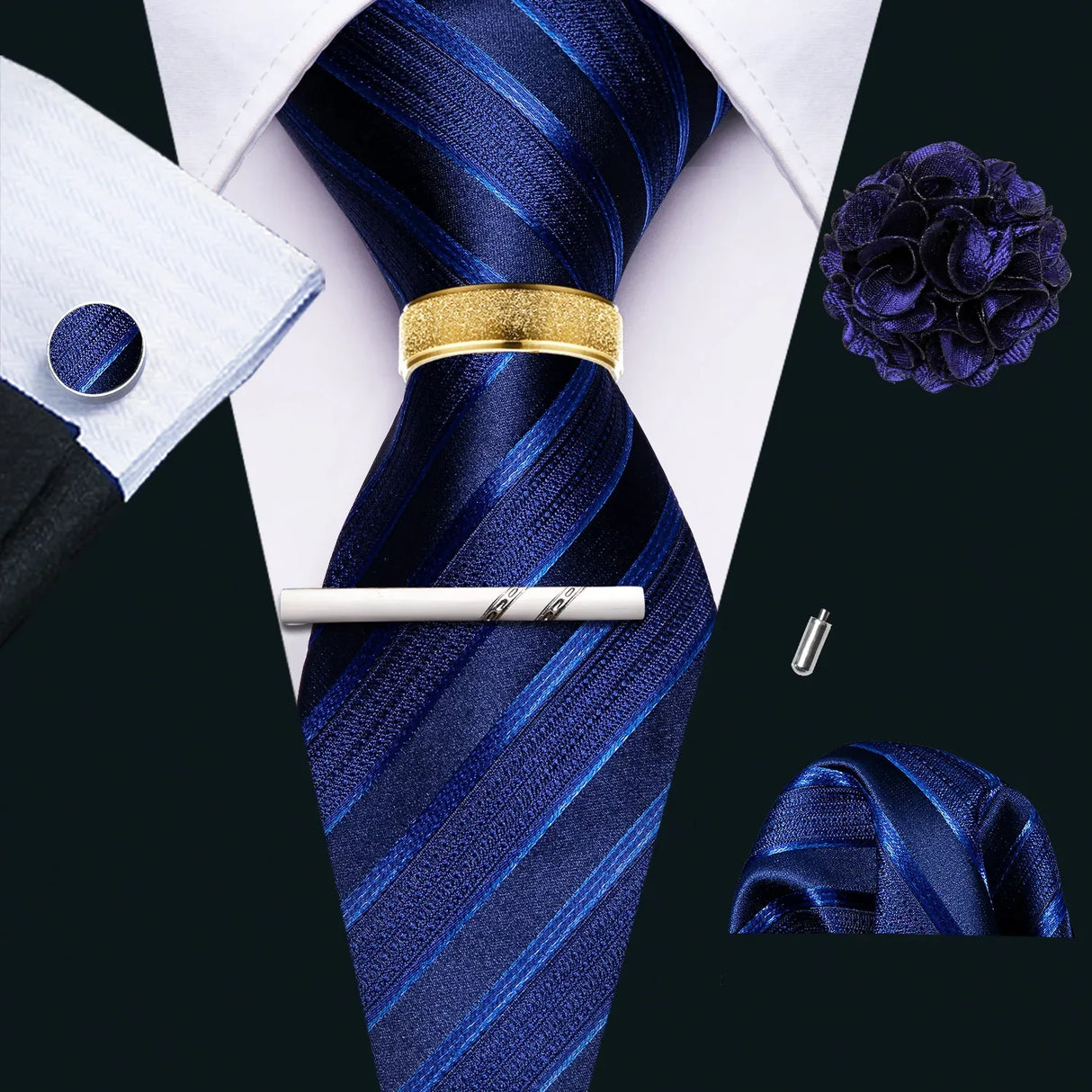 Barry.Wang Silk Mens Tie Hanky Cufflinks Clip Brooch