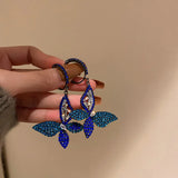 Long Retro Blue Flower Feather Tassel Dangle Earrings