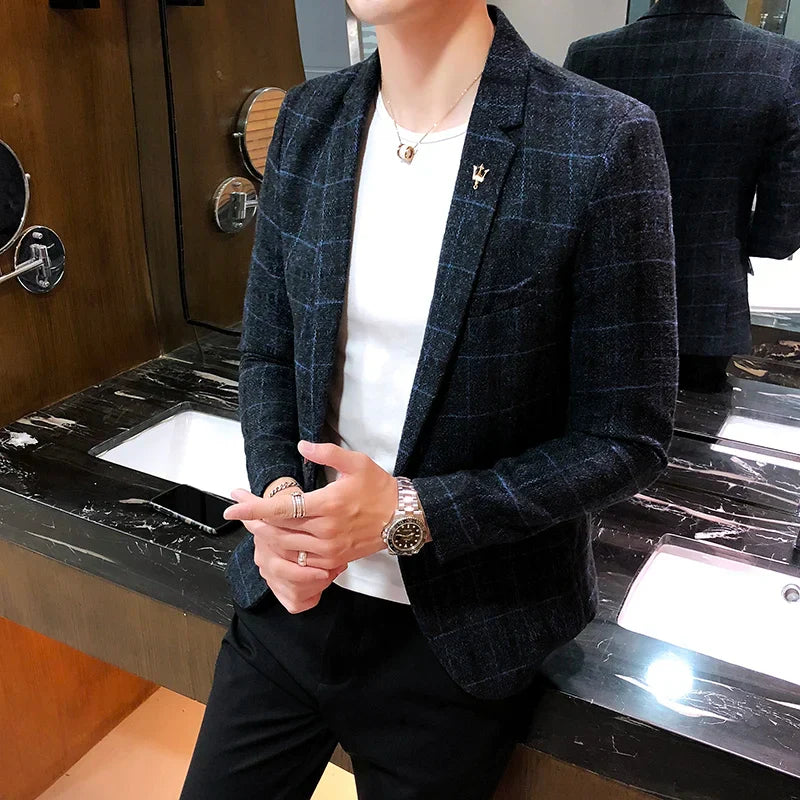 2023 New Men's Casual Plaid Suit Jacket Male