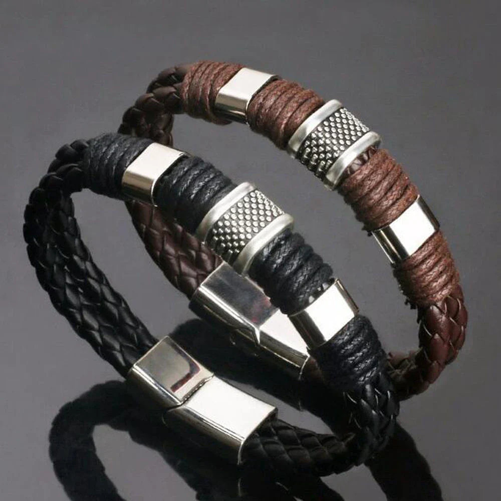 Leather Magnetic Buckle Bangle Braided Bracelet Titanium Steel Men‘s Bracelet Vintage Kpop Bangles Bracelets for Men Women Gift