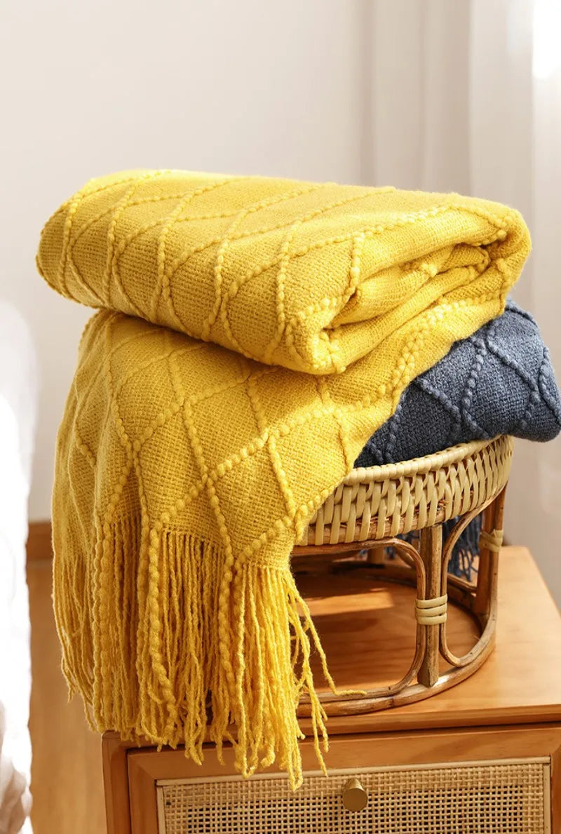 Boho Woven Throw Blanket with Tassels Jacquard Textured Boho Summer Cozy Farmhouse Throw Blankets Manta Para Sofá Yellow Khaki