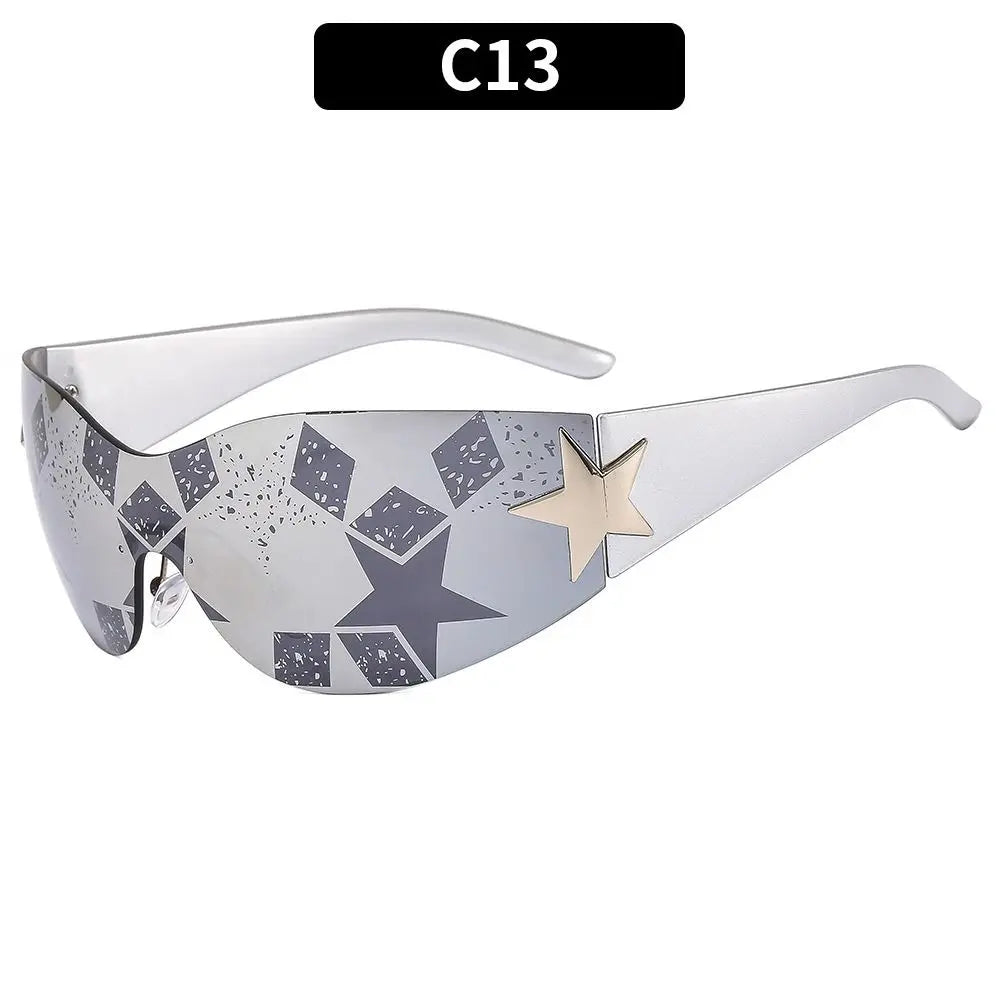 Rimless Y2K Sunglasses for Women Men,Trendy Wrap Around