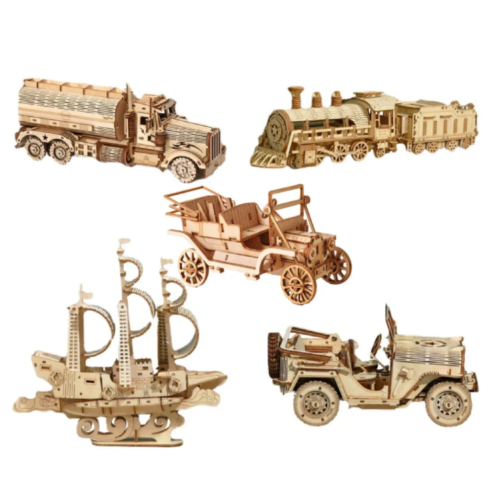 DIY Wooden Train Locomotive Puzzles Toys 3D Children