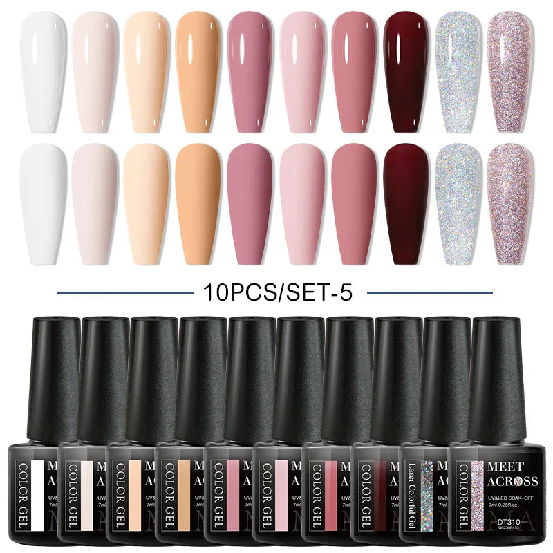 10Pcs Nude Glitter Gel Nail Polish Set Purple