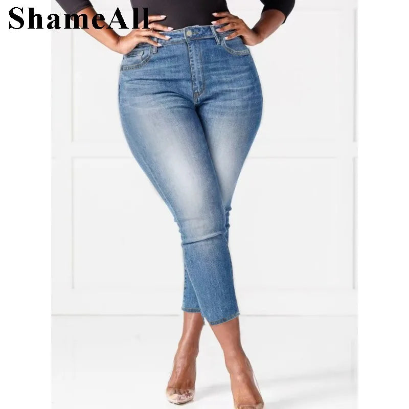 Womens Plus Size Casual Jeans With Pockets Button