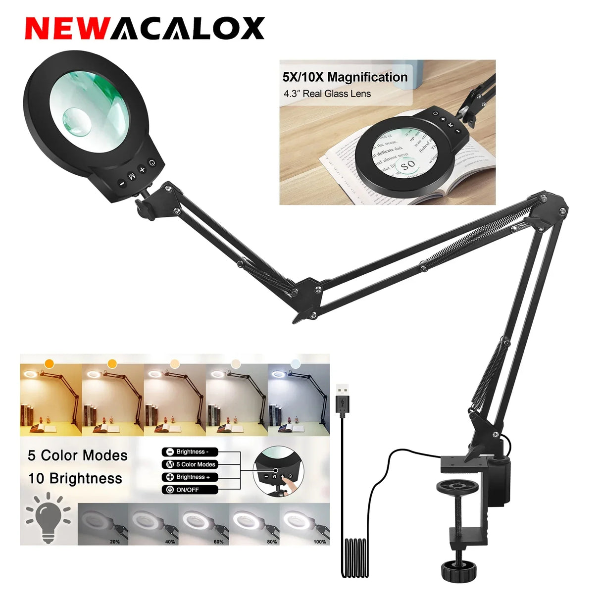 NEWACALOX 10X/5X Magnifier 5 Colors Illuminated Magnifying Glass