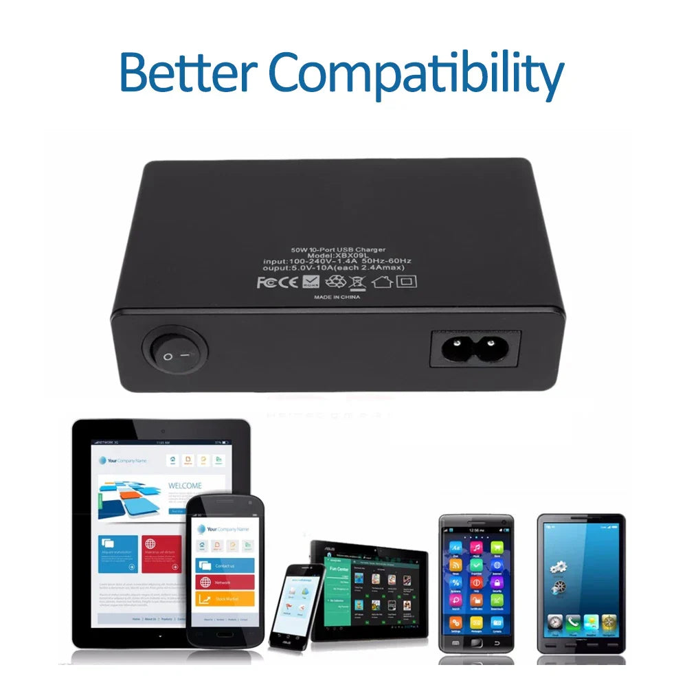 60W 10Port USB Charger for iPhone iPad Kindle