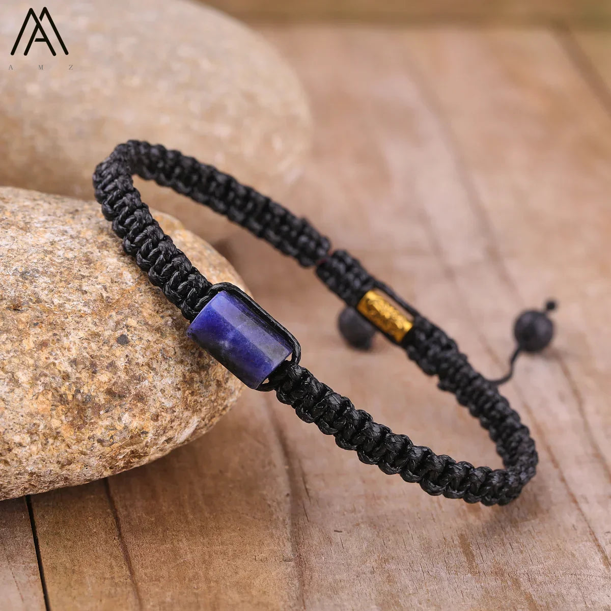 Natural Black Tourmaline Single Beads Woven Adjustable Bracelet