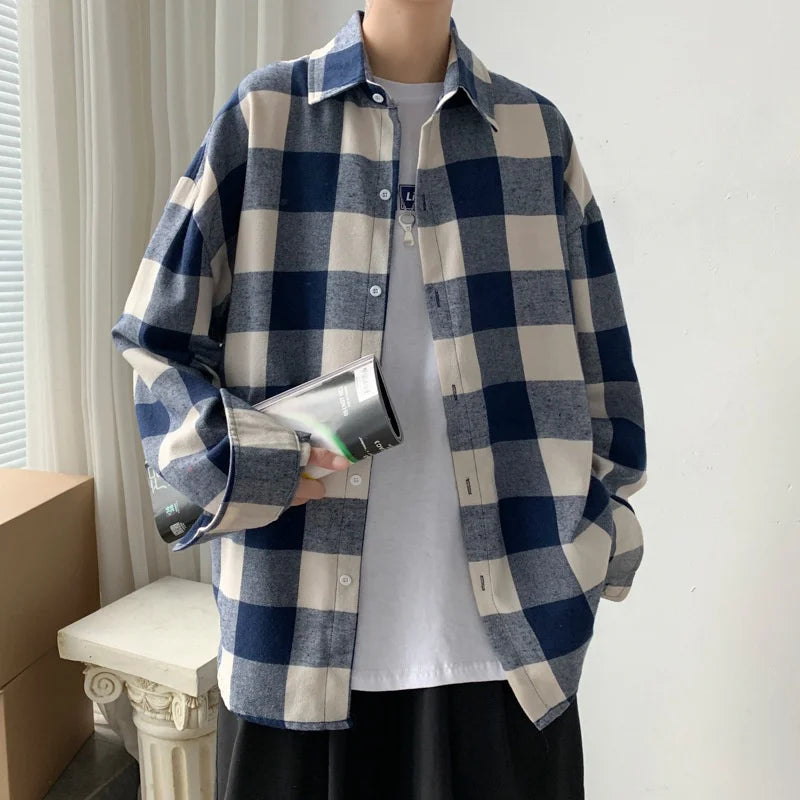 Long-sleeved plaid shirt men's spring Korean style trendy