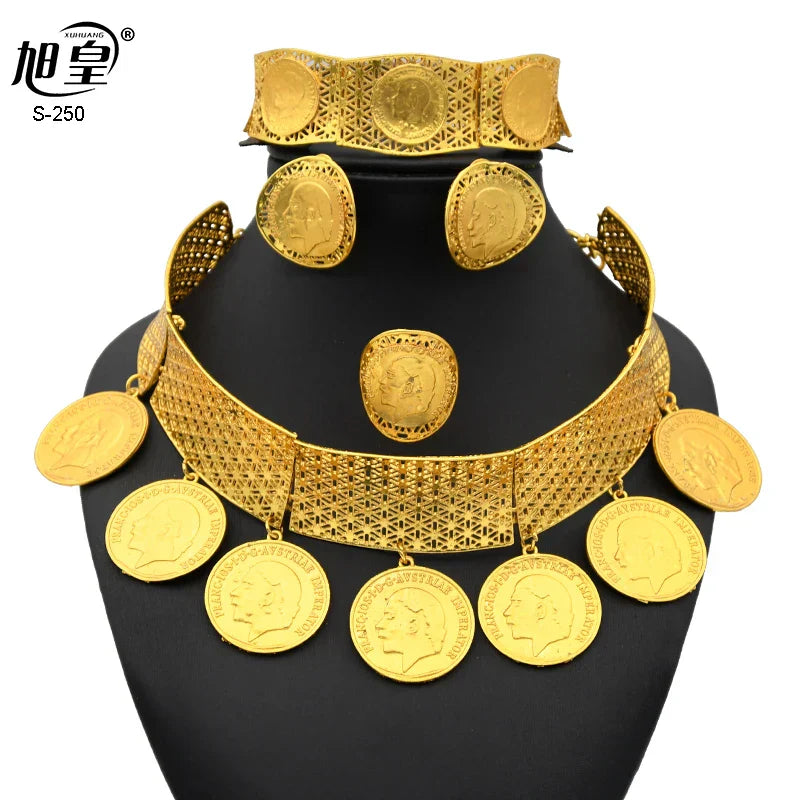 African 24K Gold Color Coins Necklace Bracelet Sets