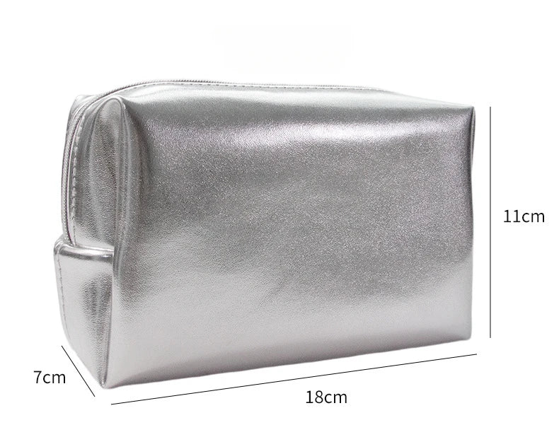 New Fashion Silver Soft Leather Clutch Cosmetic Bag Travel Portable Bathroom Organizer Storage Makeup Bag Toilet Bag Pouch