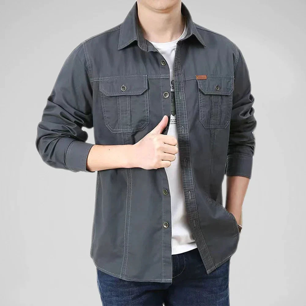 100% Cotton Men's Shirt Solid Color Multi-Pocket High