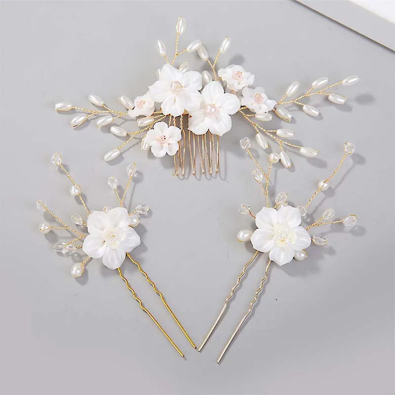 3pcs White Flower U Shaped Hairpin Pearl Elegant