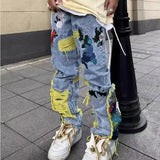 Washed Destroyed Pleated Chinese Painting Embroidered Patch Denim