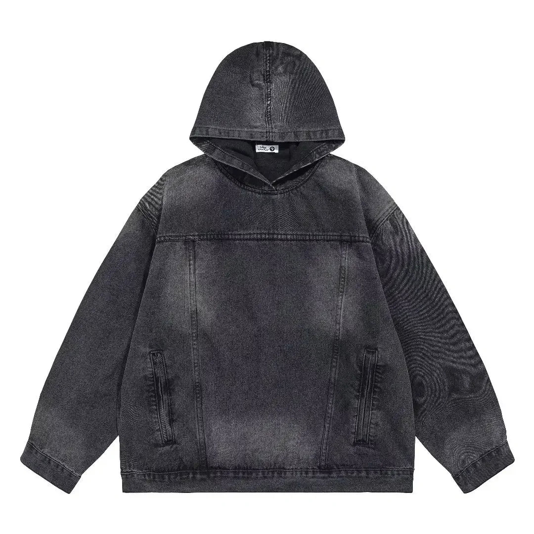 Japanese Denim Hooded Jacket Men Women Loose Casual