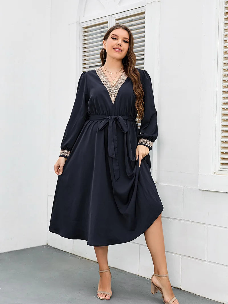 Plus Size Women Dress V Neck Long Sleeves