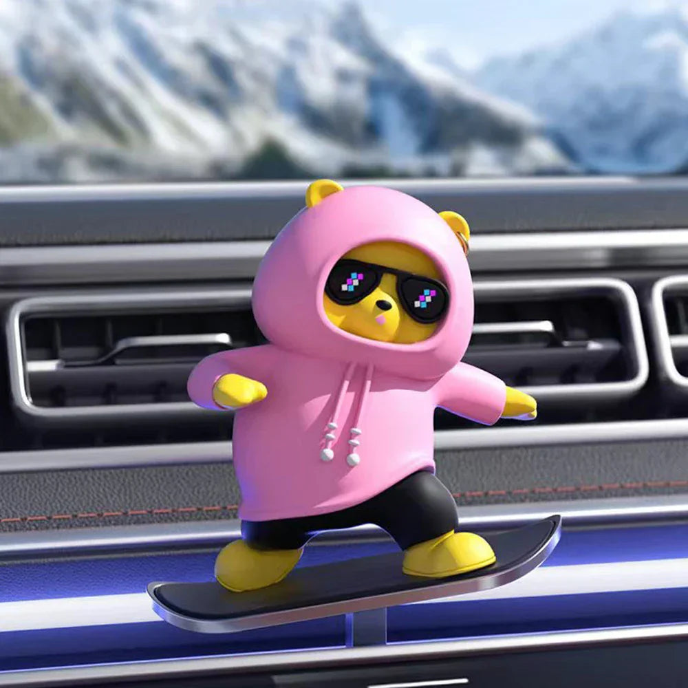 Creative Car Ornament Funny Cartoon skateboarding Bear Removable