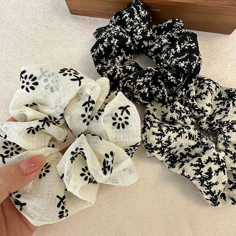New Vintage Scrunchies Black White Flower Print Hair