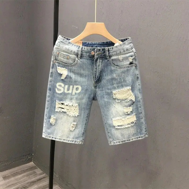 Men's Ripped Denim Shorts Fashionable Summer Slim Shorts