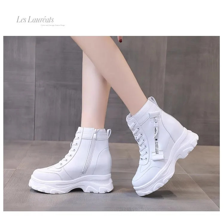 Winter Platform Sneakers 2024 Leather Fur Casual Shoes Hidden Increasing Chunky Shoes Autumn 8CM High Heels Warm Fur Shoes Women