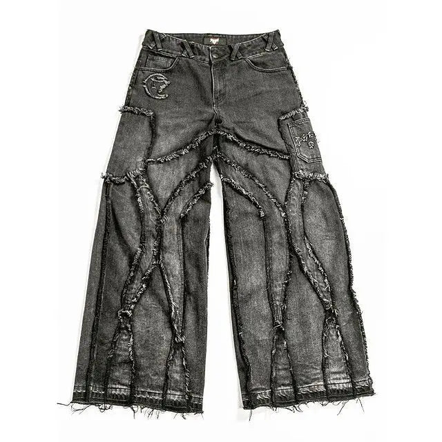 Y2K Tassel Jeans Men's Black Gray Washed Jeans