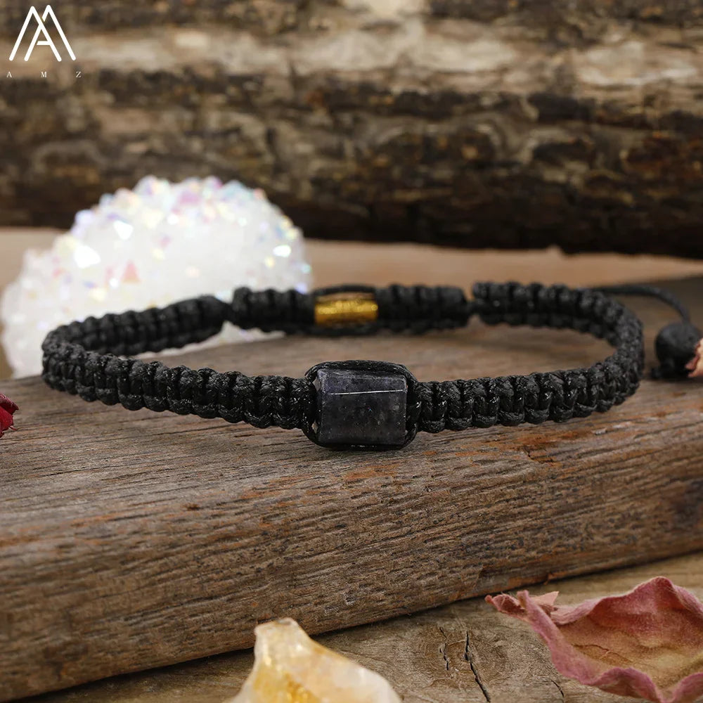 Natural Black Tourmaline Single Beads Woven Adjustable Bracelet